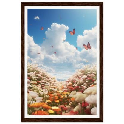 Framed artwork depicting a colorful flower field with butterflies against a cloudy sky.