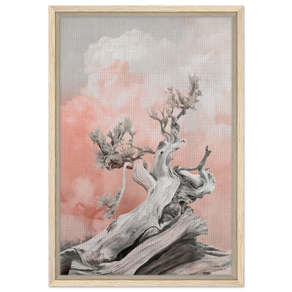 Gnarled driftwood against pink and gray clouds in Nature’s Twisted Serenity framed canvas print