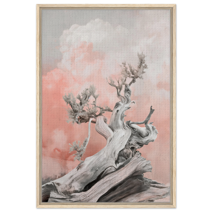 Gnarled driftwood against a pink-gray sky, embodying Nature’s Twisted Serenity for room decor