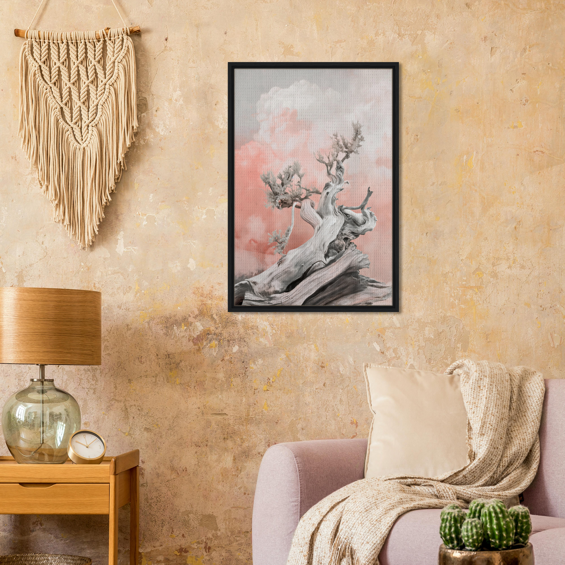 Framed canvas print of a tree branch with blossoms in Nature’s Twisted Serenity