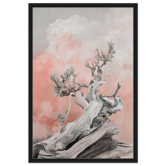 Gnarled driftwood under pink sky exemplifying Nature’s Twisted Serenity for room decor