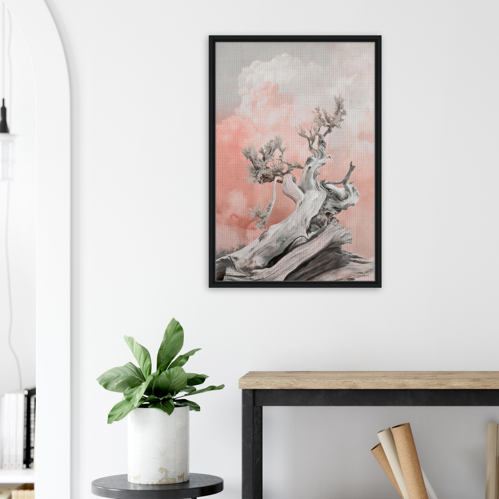 Framed canvas print of twisted tree against pink sky in Nature’s Twisted Serenity