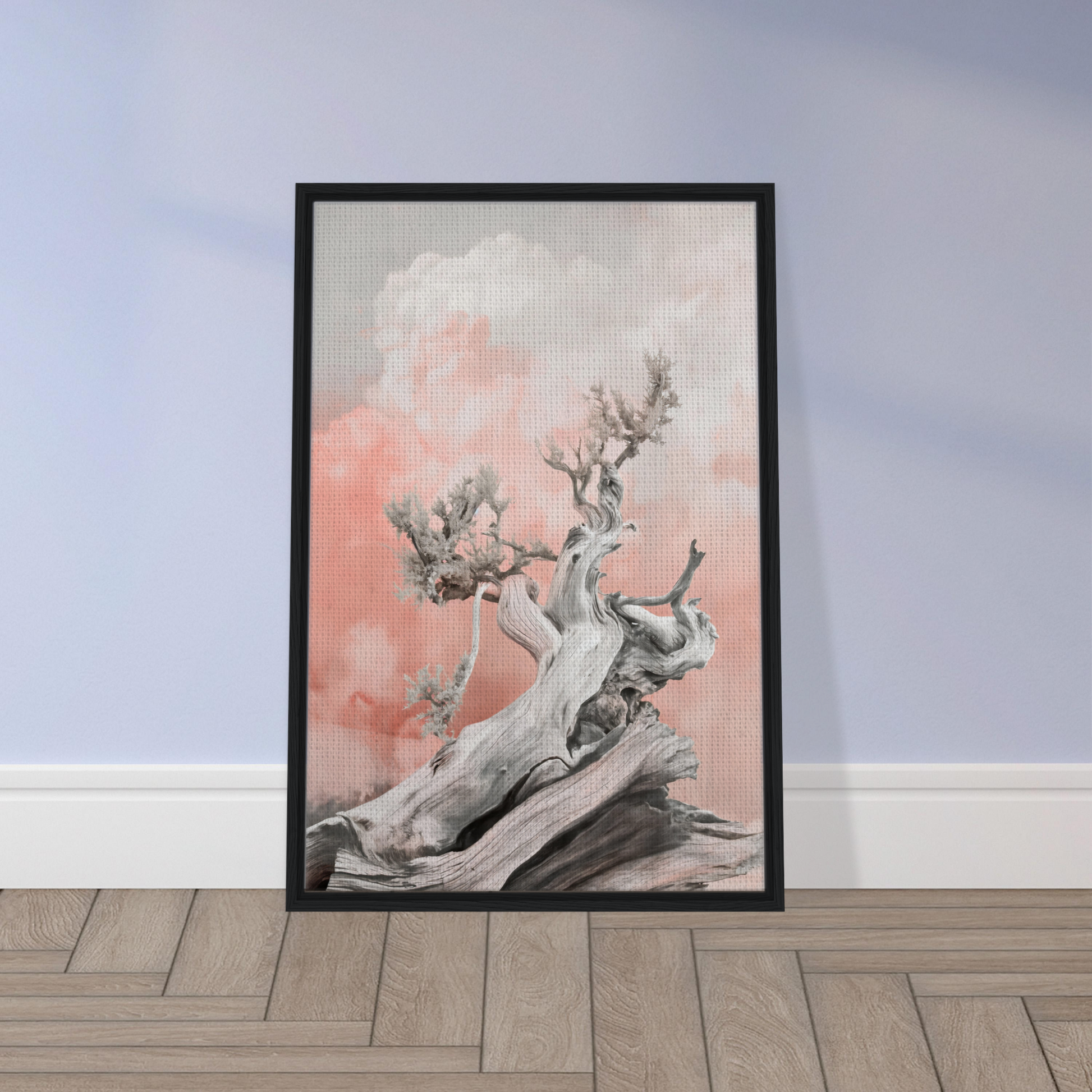 Framed artwork of a gnarled tree in pink clouds for Nature’s Twisted Serenity room decor