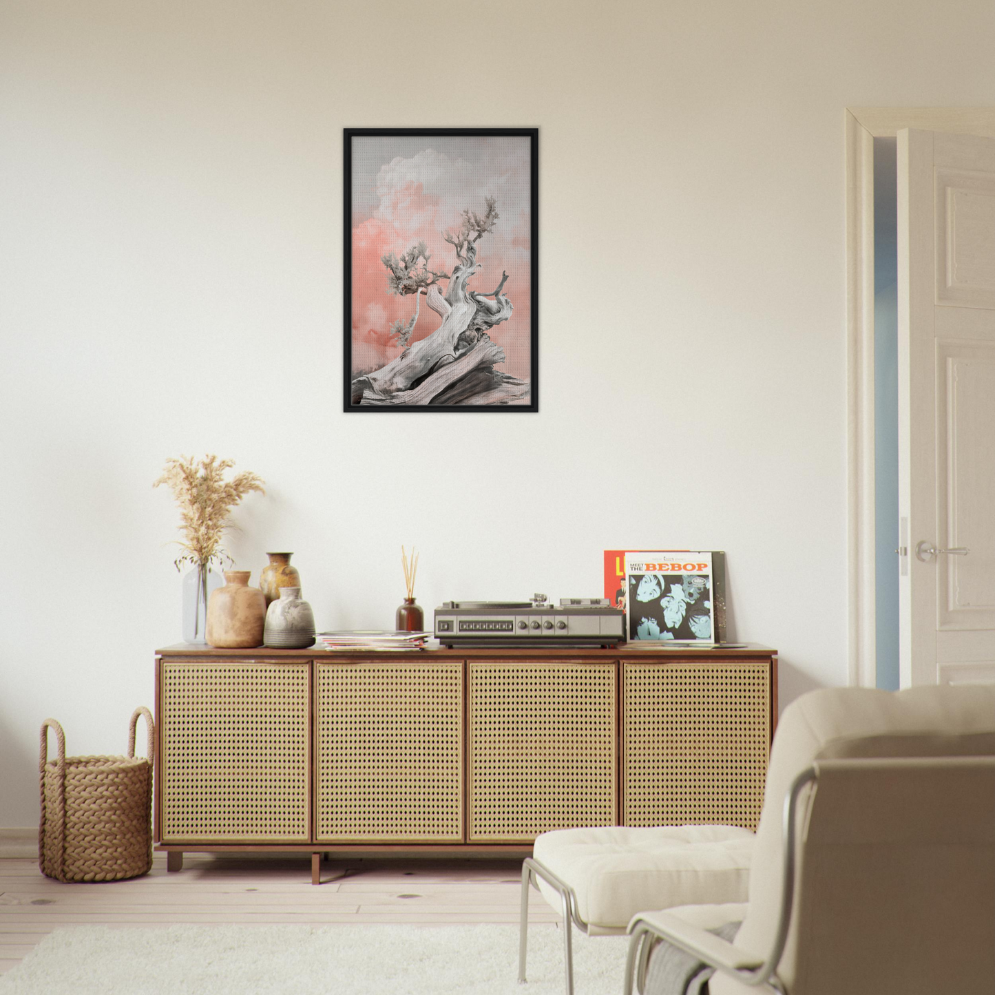 Wooden sideboard with cane-webbed doors and decor from Nature’s Twisted Serenity