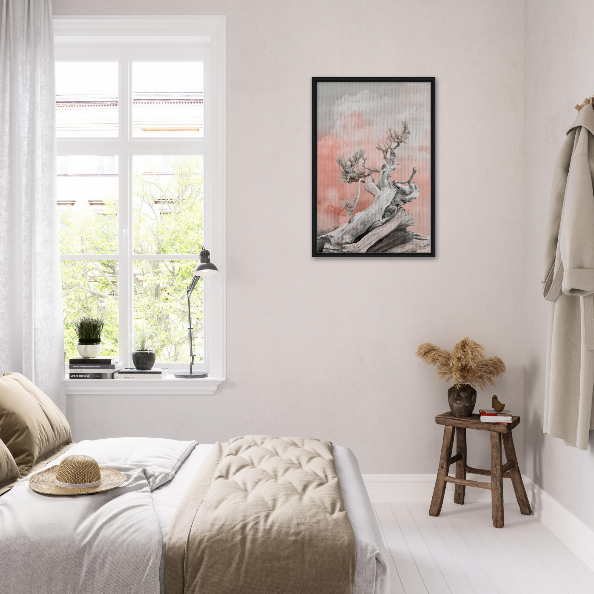 Cozy bedroom with white decor and natural light featuring Nature’s Twisted Serenity