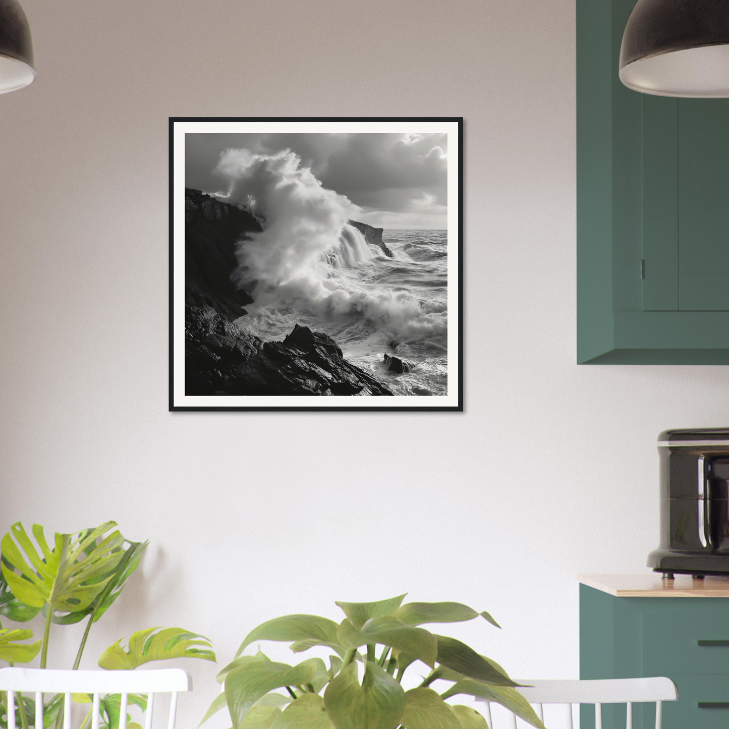 Black and white framed photo of crashing waves from Nature’s Whispered Conquest special edition art™