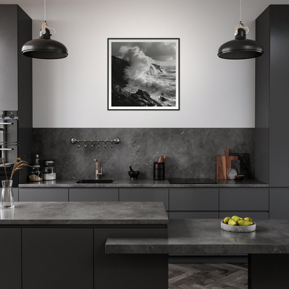 Modern dark gray kitchen featuring Nature’s Whispered Conquest art and stylish pendant lights