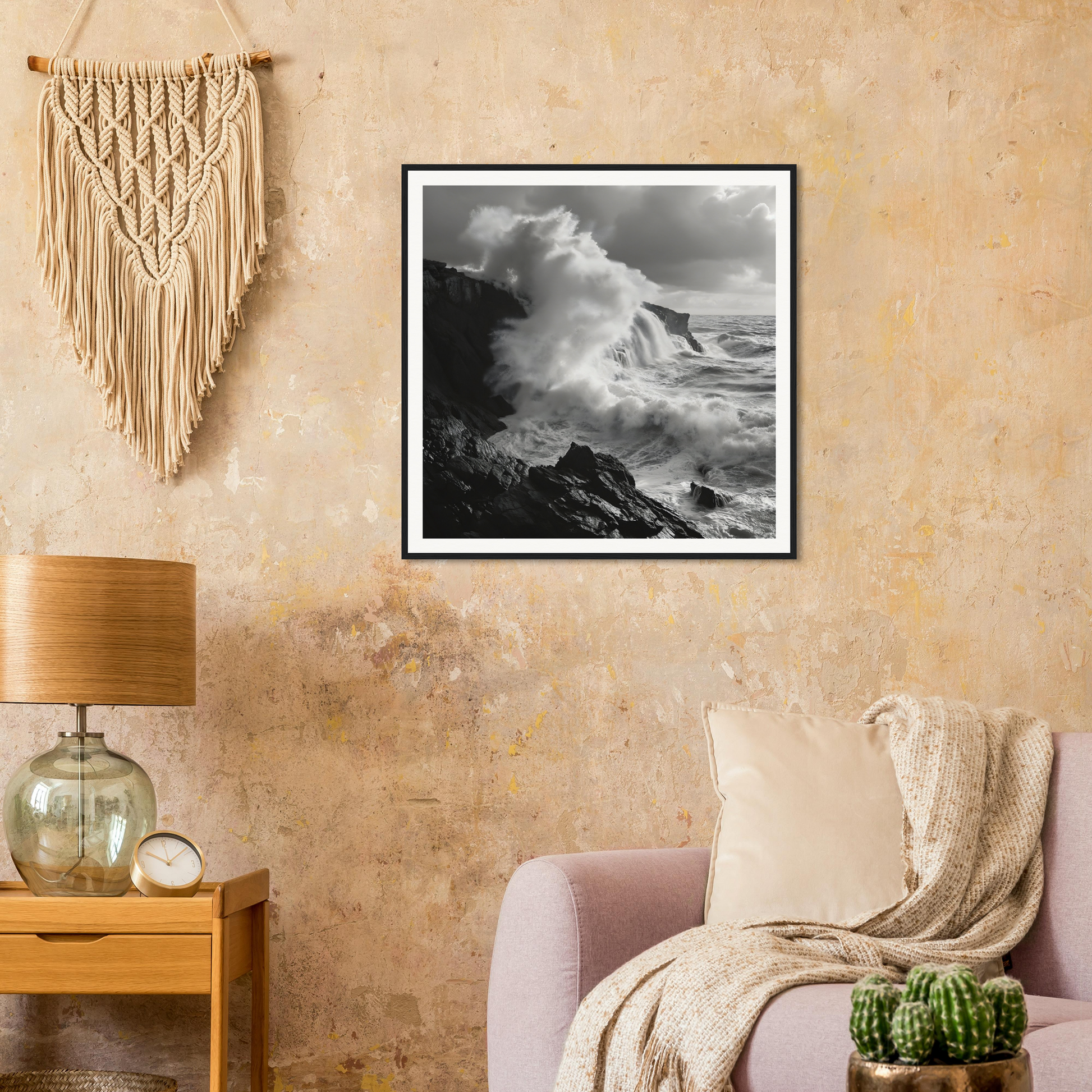 Black and white photo of crashing waves at cliffs, part of Nature’s Whispered Conquest