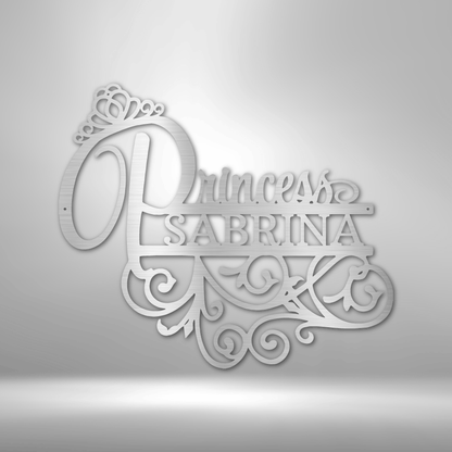 Decorative text design reading ’Princess Sabrina’ with a small tiara above it.