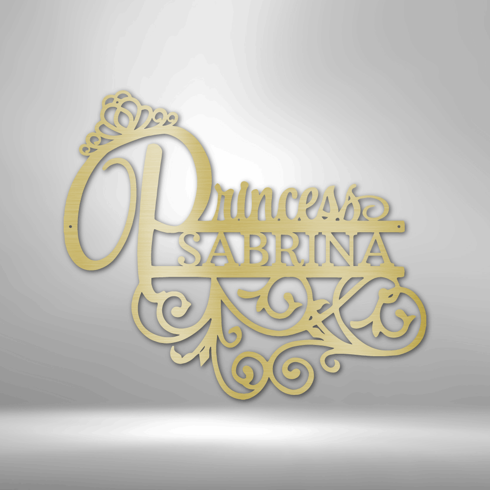 Ornate golden text design reading ’Princess Sabrina’ with a tiara and decorative swirls.