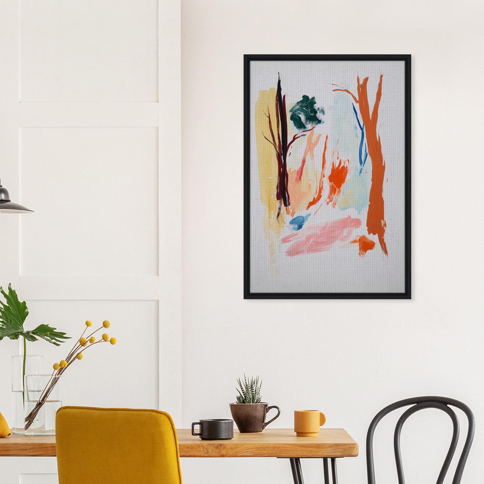 Abstract painting with colorful brushstrokes in a black frame for occurs splendidly terrified room decor