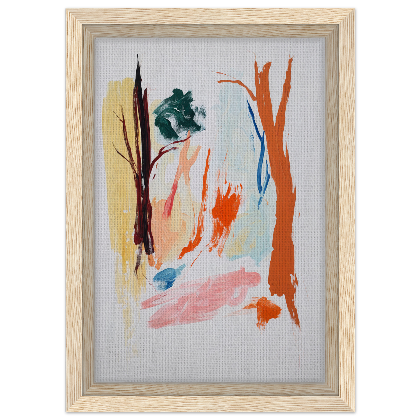 Abstract painting with colorful brushstrokes in light wood frame, occurs splendidly terrified