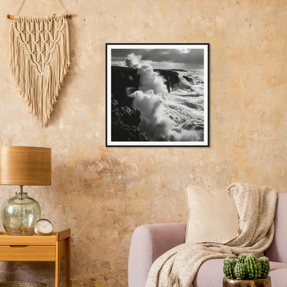 Black and white Ocean Roars Symphony art featuring waves crashing on cliffs for framed posters