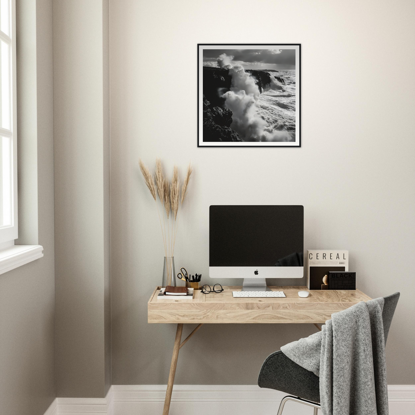 Minimalist wooden desk with an iMac and pampas grass for Ocean Roars Symphony decor