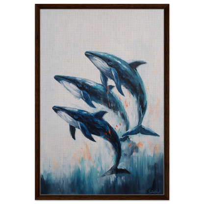 Painting of three blue dolphins leaping together in Oceanic Graceward Reverie room decor