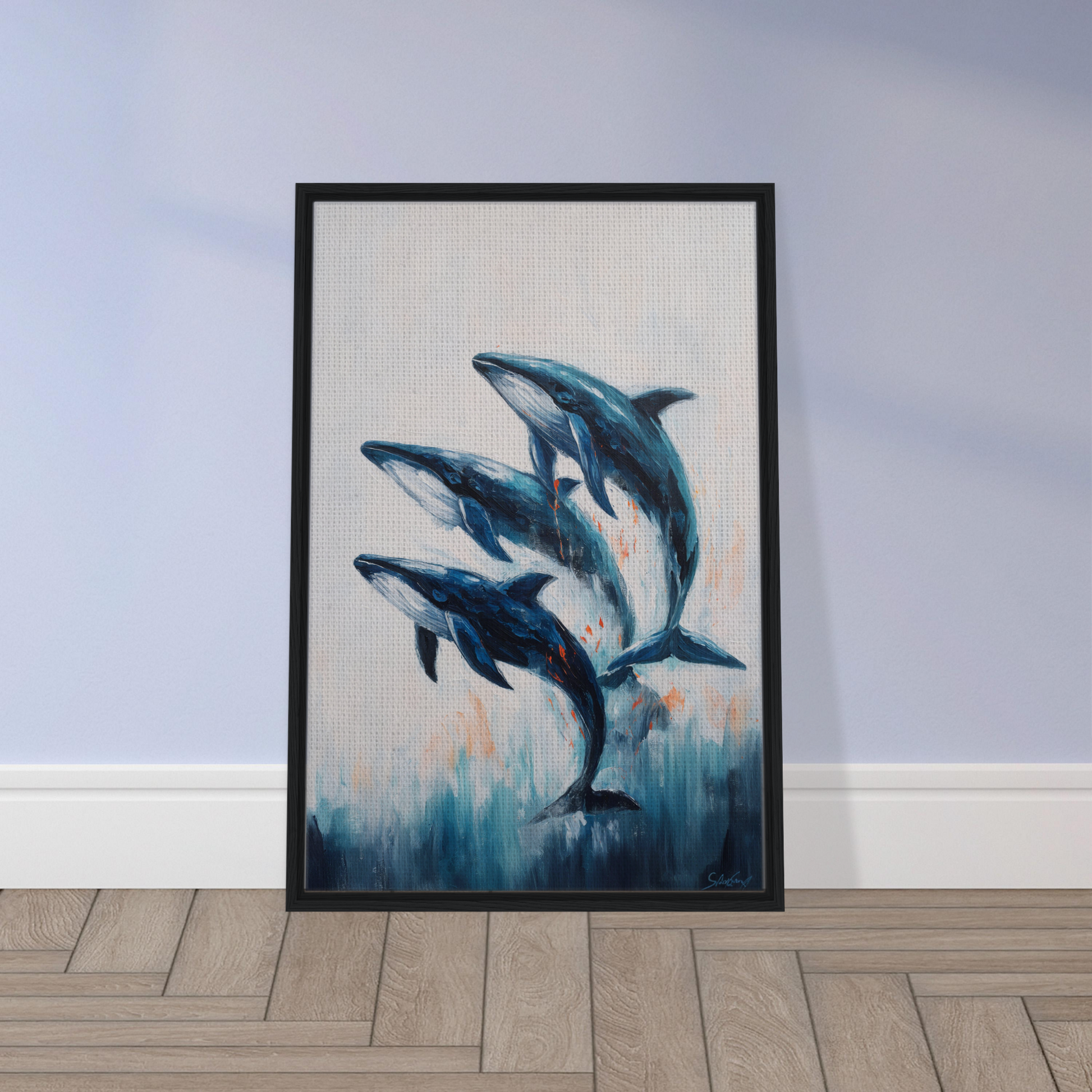 Framed painting of leaping dolphins in misty background for Oceanic Graceward Reverie room decor