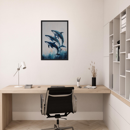 Framed artwork featuring three blue dolphins, ideal for Oceanic Graceward Reverie decor