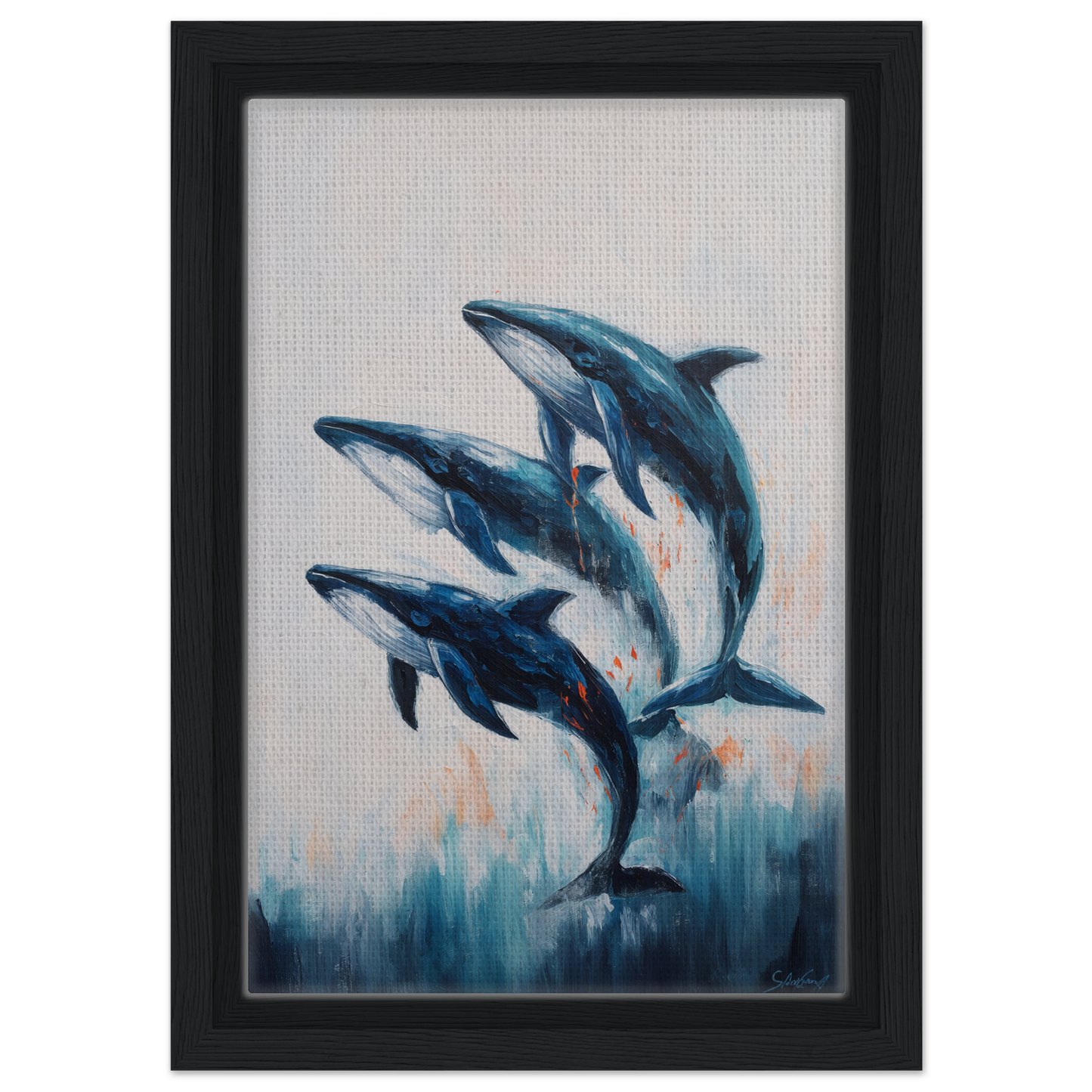 Painting of three blue dolphins leaping in a graceful arc for Oceanic Graceward Reverie