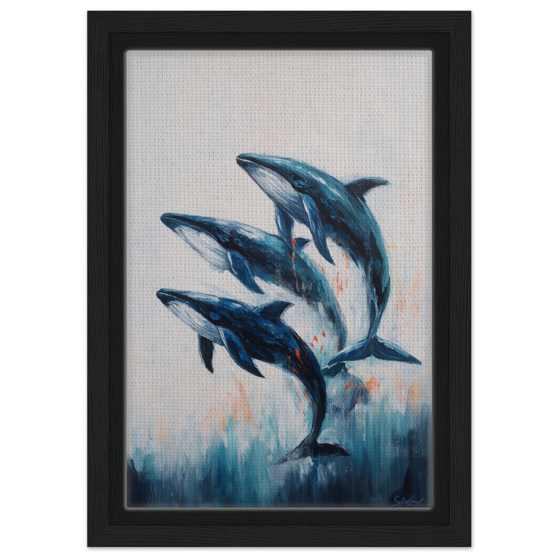 Painting of three blue dolphins leaping in a graceful arc for Oceanic Graceward Reverie