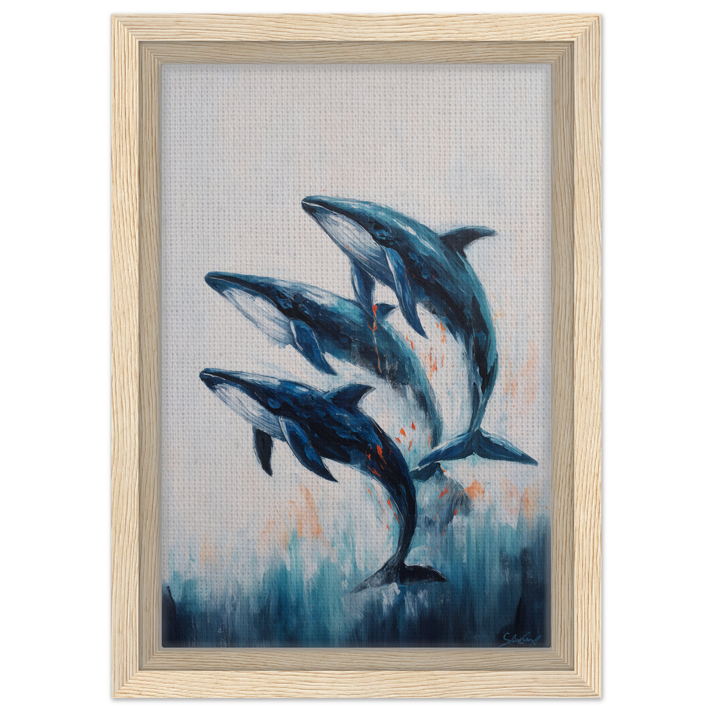 Painting of three blue dolphins leaping together in Oceanic Graceward Reverie framed print