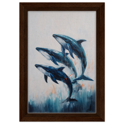 Painting of three blue dolphins leaping in Oceanic Graceward Reverie framed canvas print