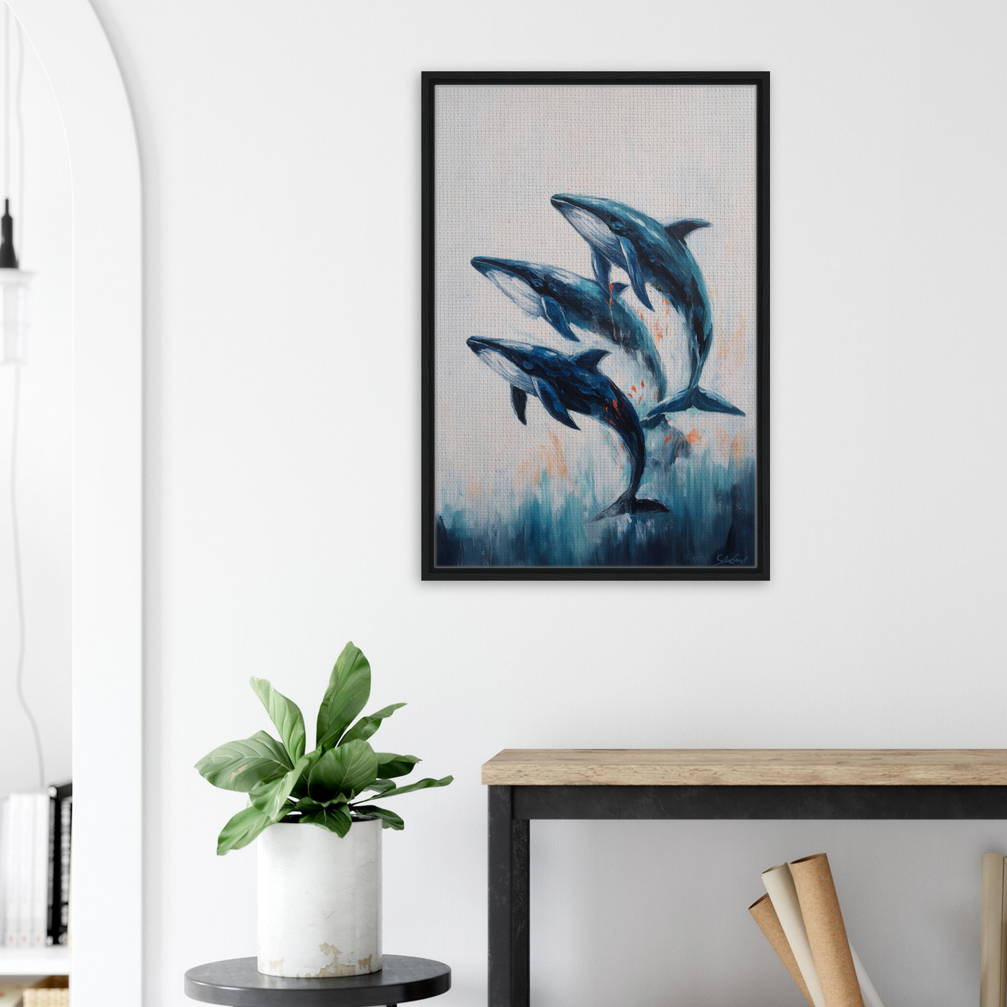 Framed canvas print of three blue dolphins leaping in Oceanic Graceward Reverie