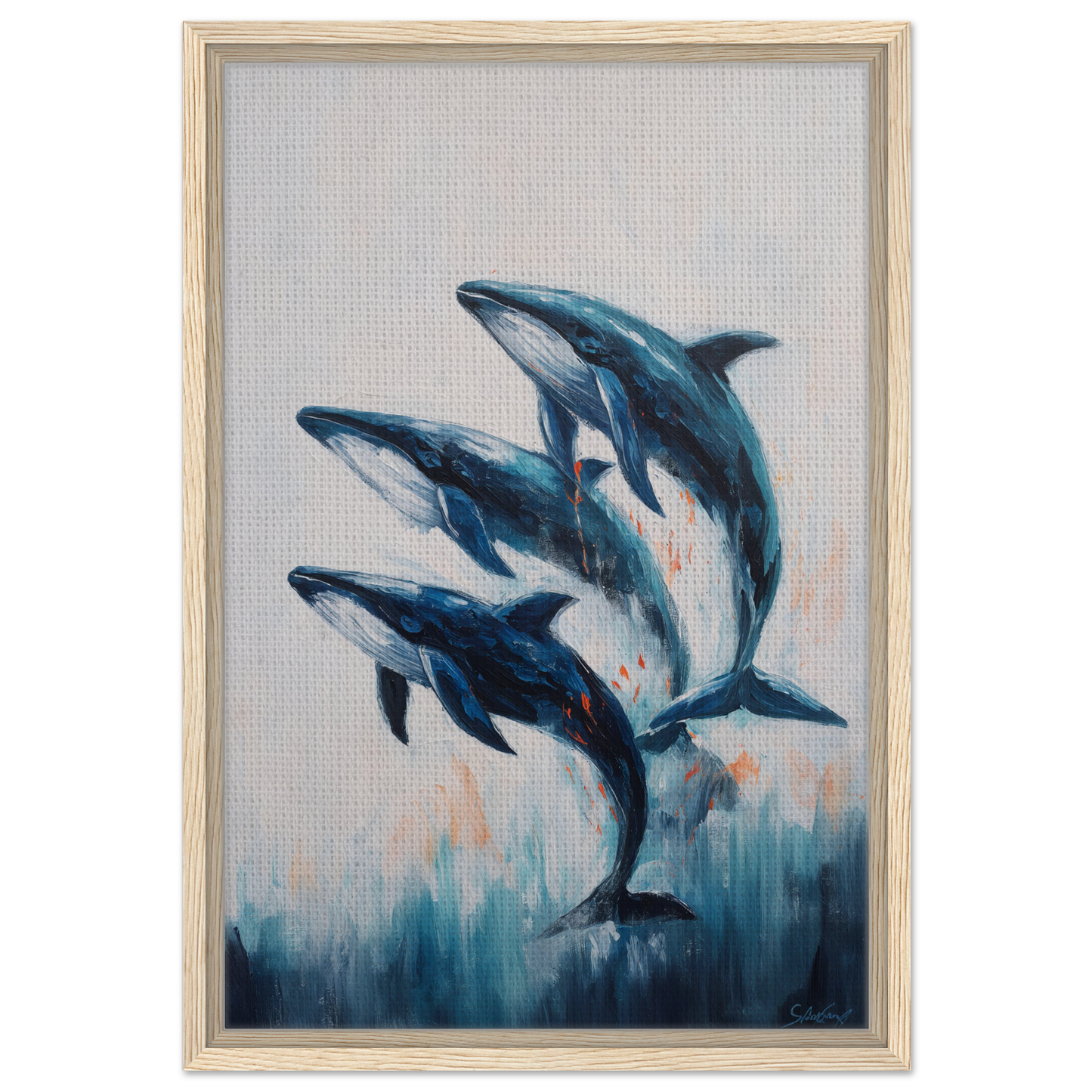 Painting of three blue dolphins leaping, part of Oceanic Graceward Reverie collection