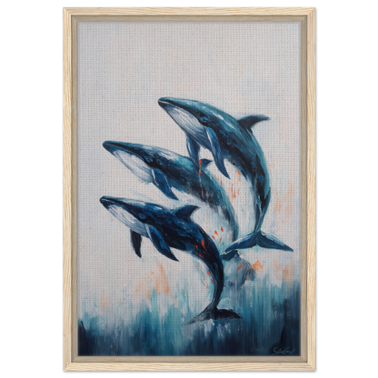 Painting of three blue dolphins leaping, part of Oceanic Graceward Reverie collection