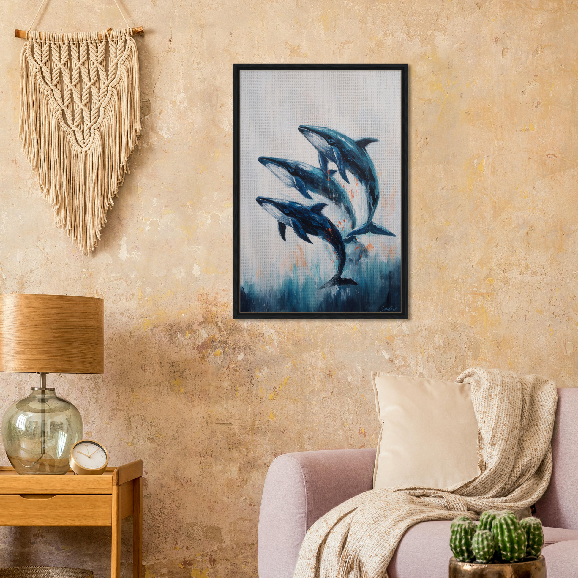 Framed painting of leaping dolphins, perfect for Oceanic Graceward Reverie room decor