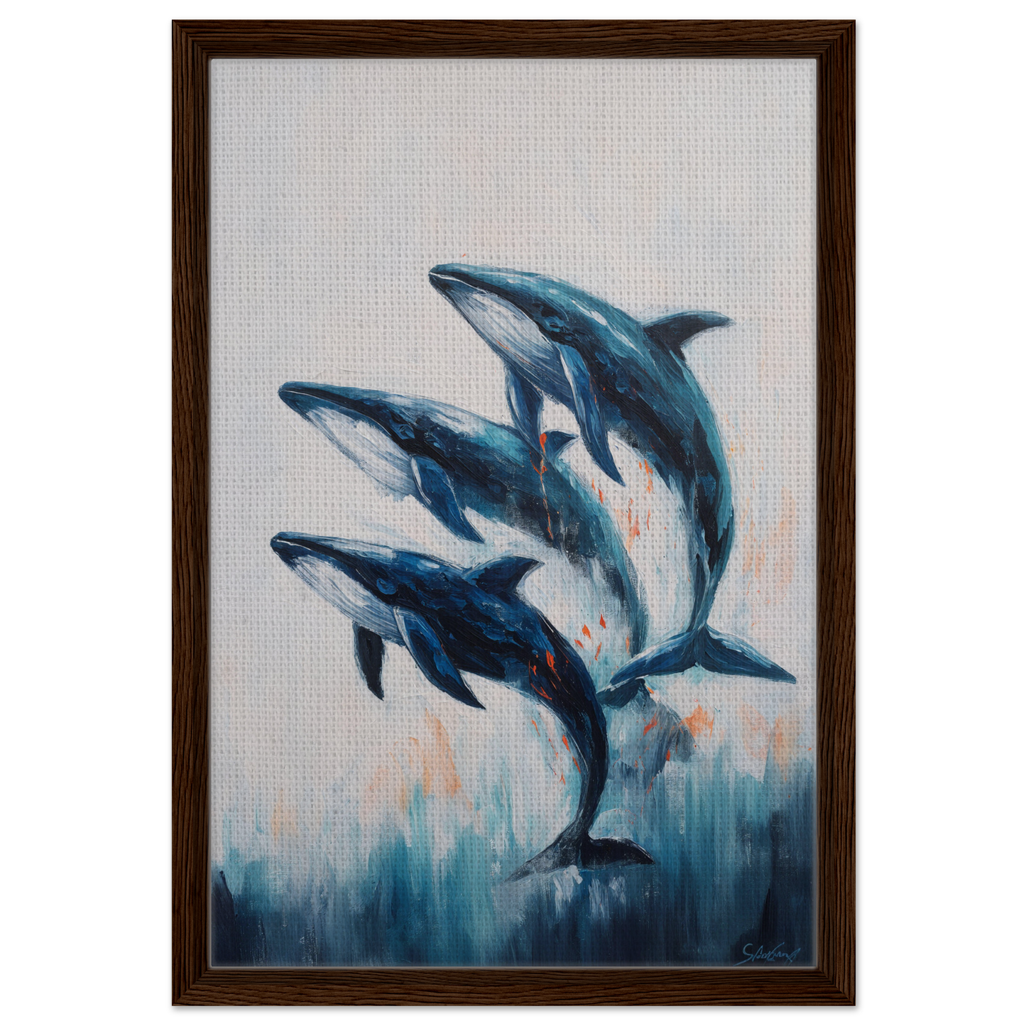 Painting of three blue dolphins leaping in the Oceanic Graceward Reverie framed canvas print