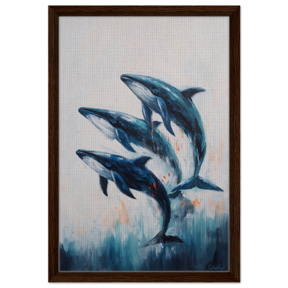 Painting of three blue dolphins leaping in the Oceanic Graceward Reverie framed canvas print