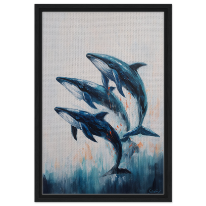 Framed canvas print of three blue dolphins leaping in Oceanic Graceward Reverie