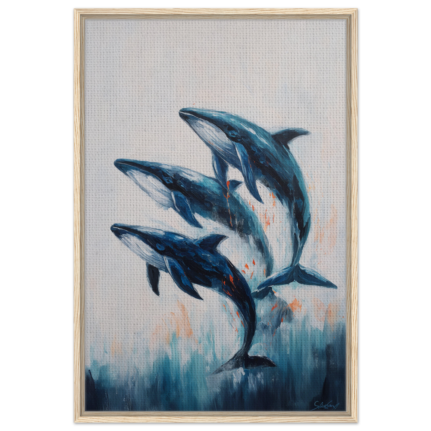 Painting of three blue dolphins leaping, ideal for Oceanic Graceward Reverie room decor