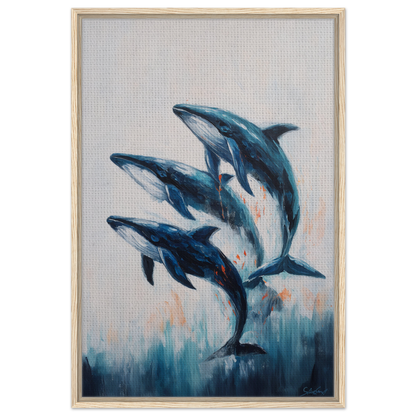 Painting of three blue dolphins leaping, ideal for Oceanic Graceward Reverie room decor