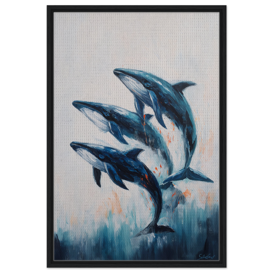 Painting of three blue dolphins leaping in an arc, featured in Oceanic Graceward Reverie