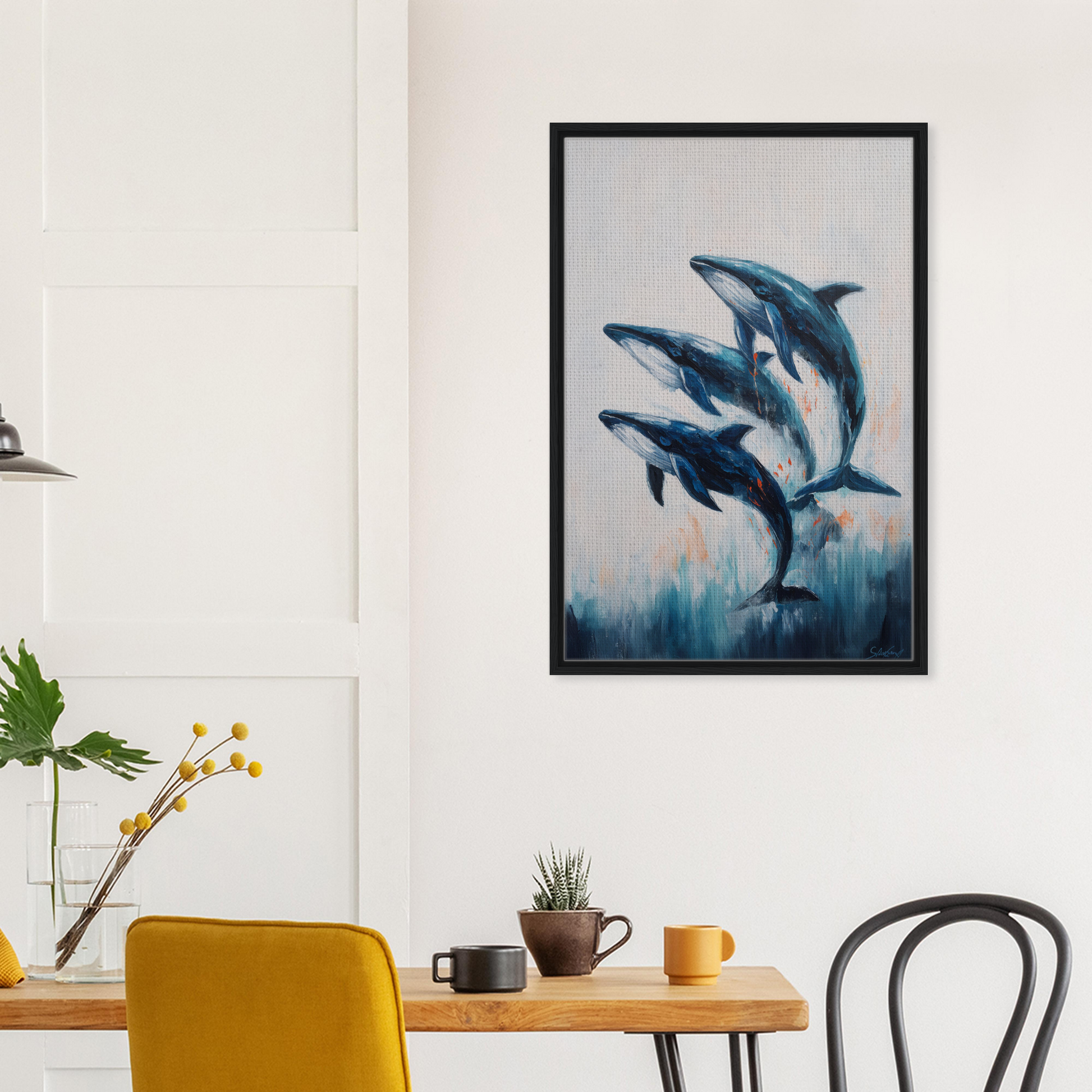 Framed painting of blue orcas in misty background for Oceanic Graceward Reverie room decor