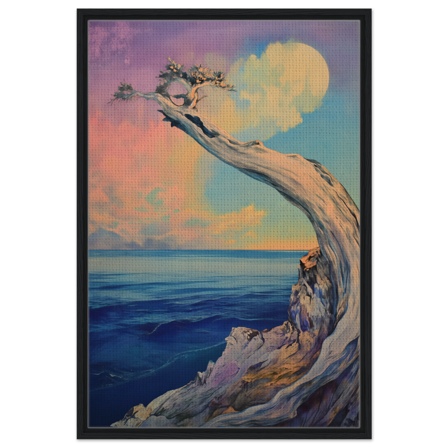 Curved gnarled tree trunk over water with colorful sky in Oceanic Resilience Reverie canvas print