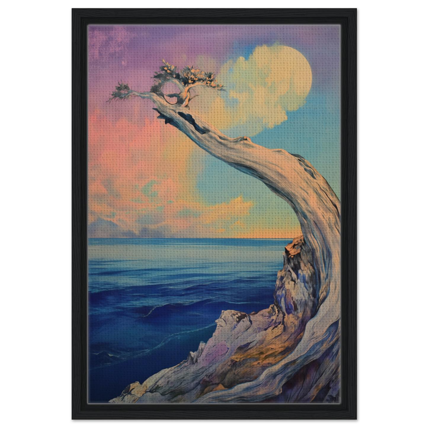 Gnarled tree on rocky cliff embodying Oceanic Resilience Reverie in room decor