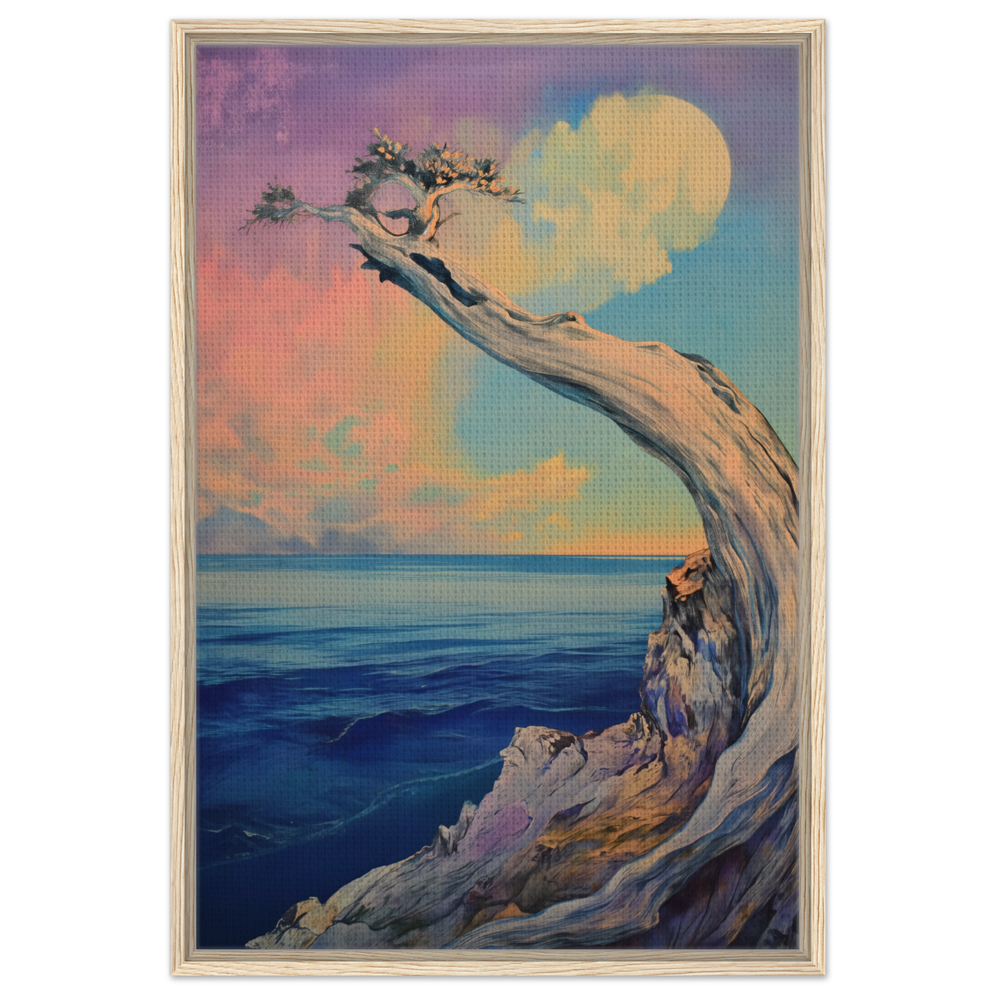 Curved tree trunk over rocky cliff by the sea in Oceanic Resilience Reverie framed canvas print