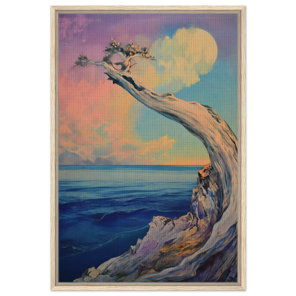 Curved tree trunk over rocky cliff by the sea in Oceanic Resilience Reverie framed canvas print