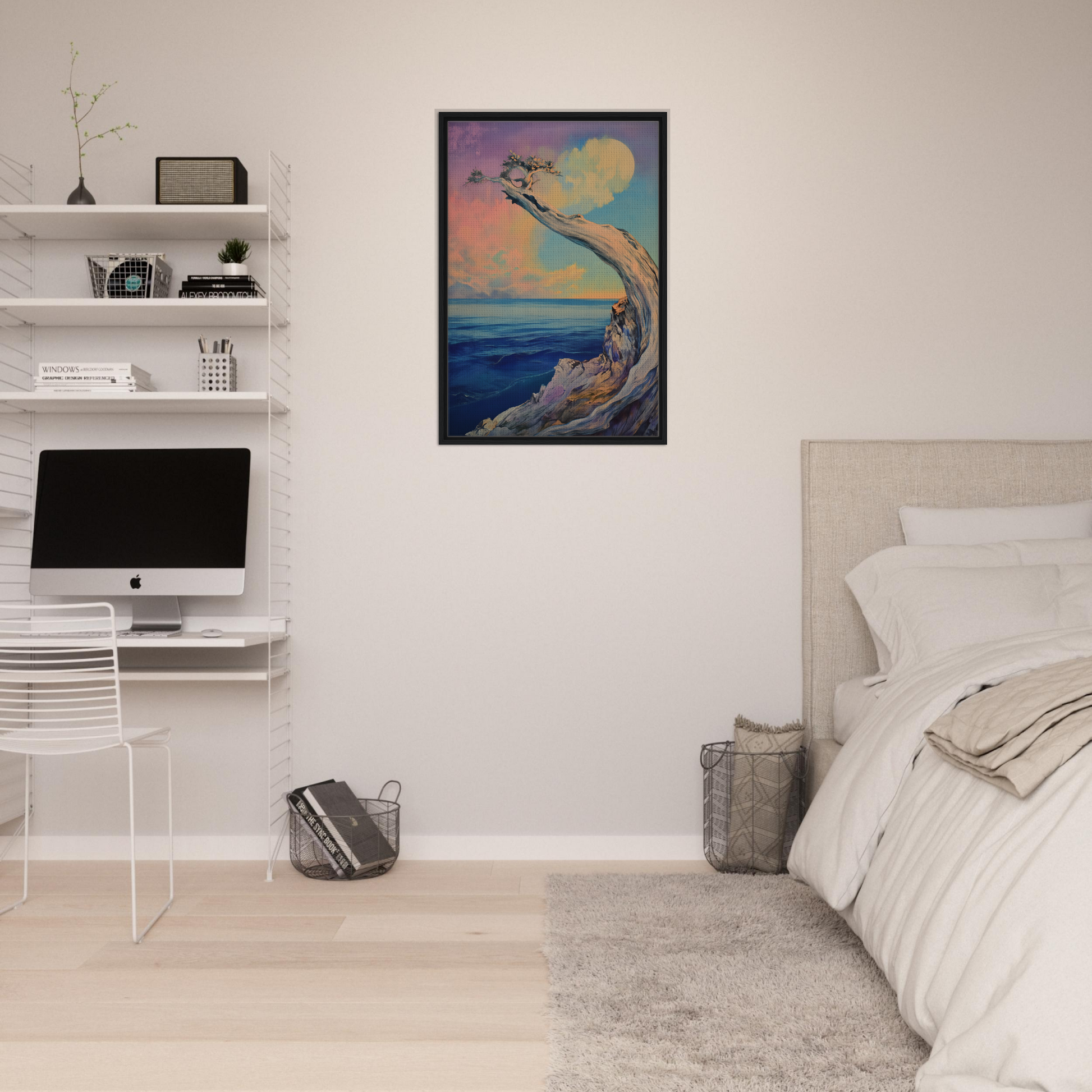 Framed canvas print of a tree silhouette against a colorful sky in Oceanic Resilience Reverie