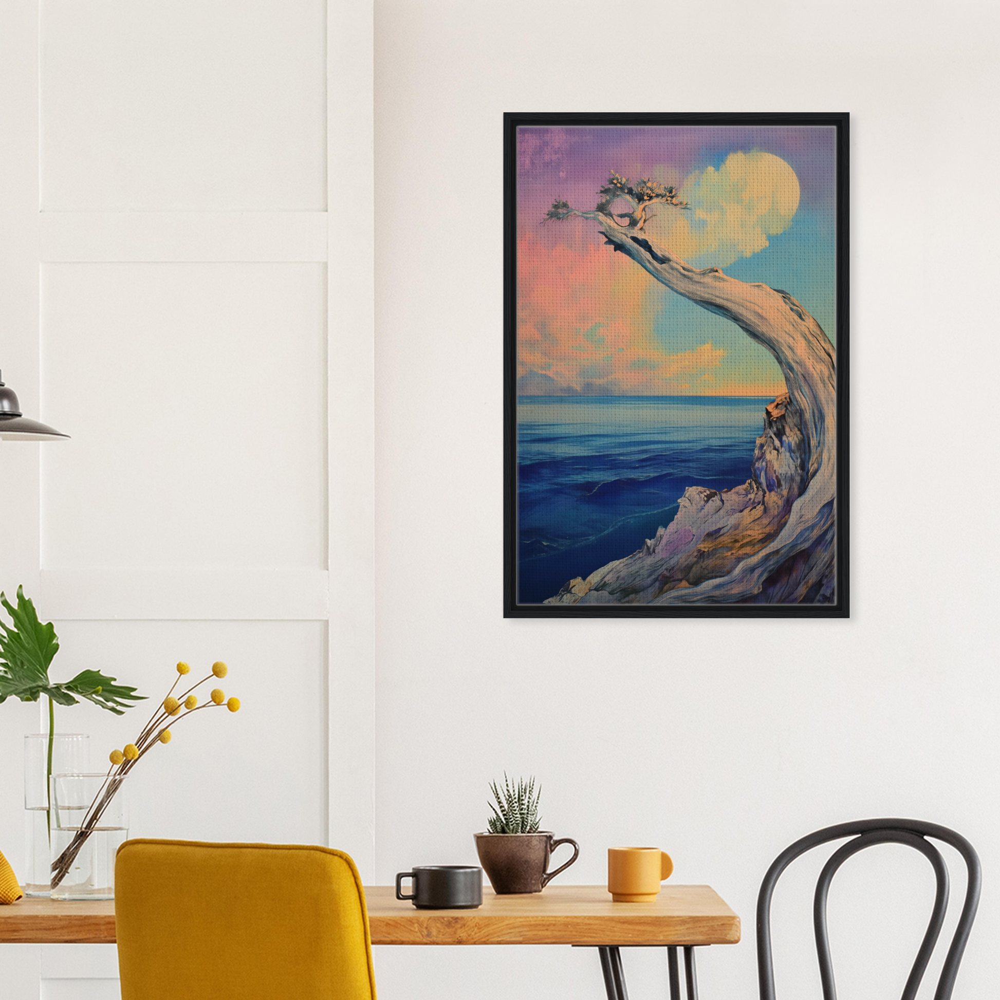 Framed painting of a twisted tree on a cliff for Oceanic Resilience Reverie room decor