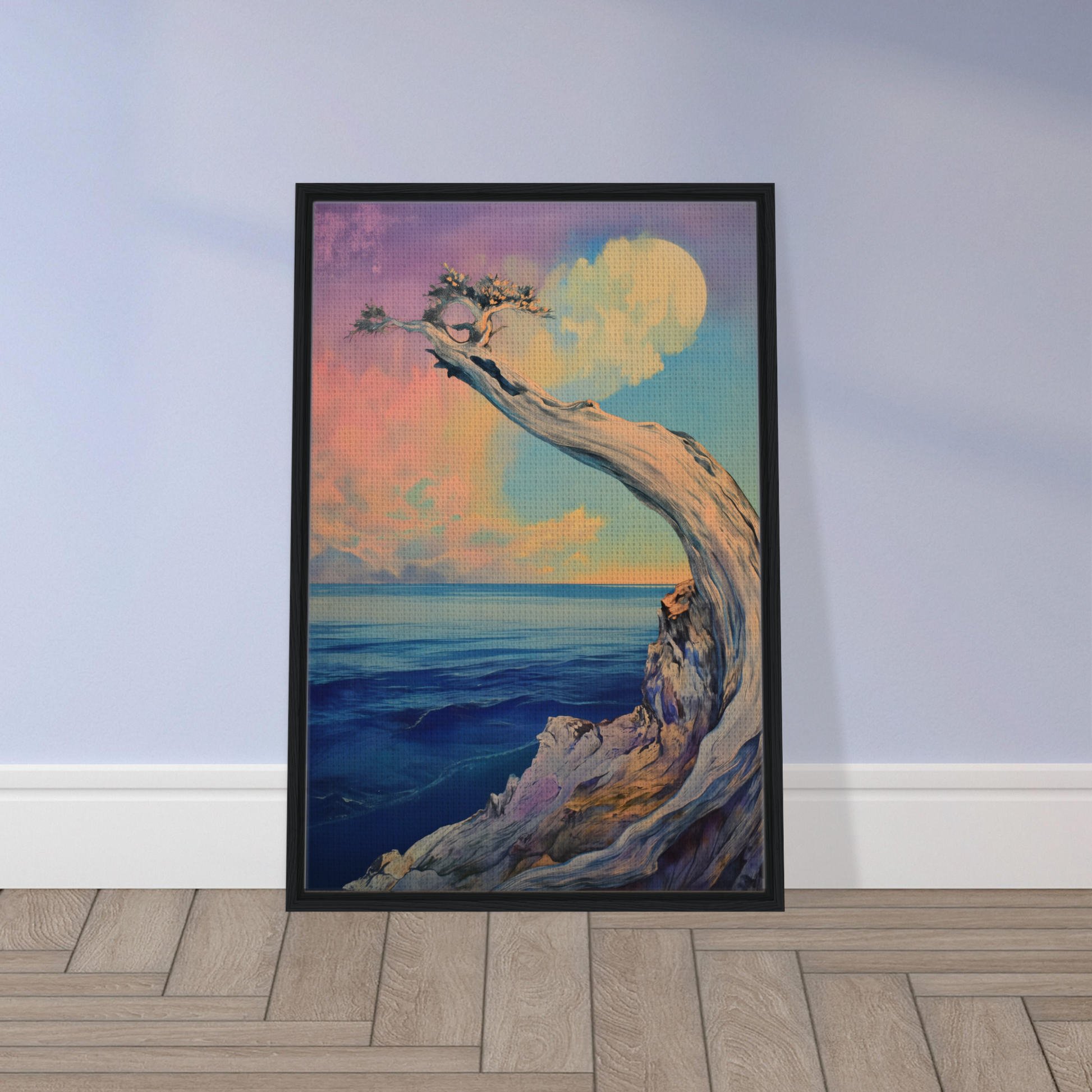 Framed painting of a gnarled tree on a cliff at sunset for Oceanic Resilience Reverie room decor