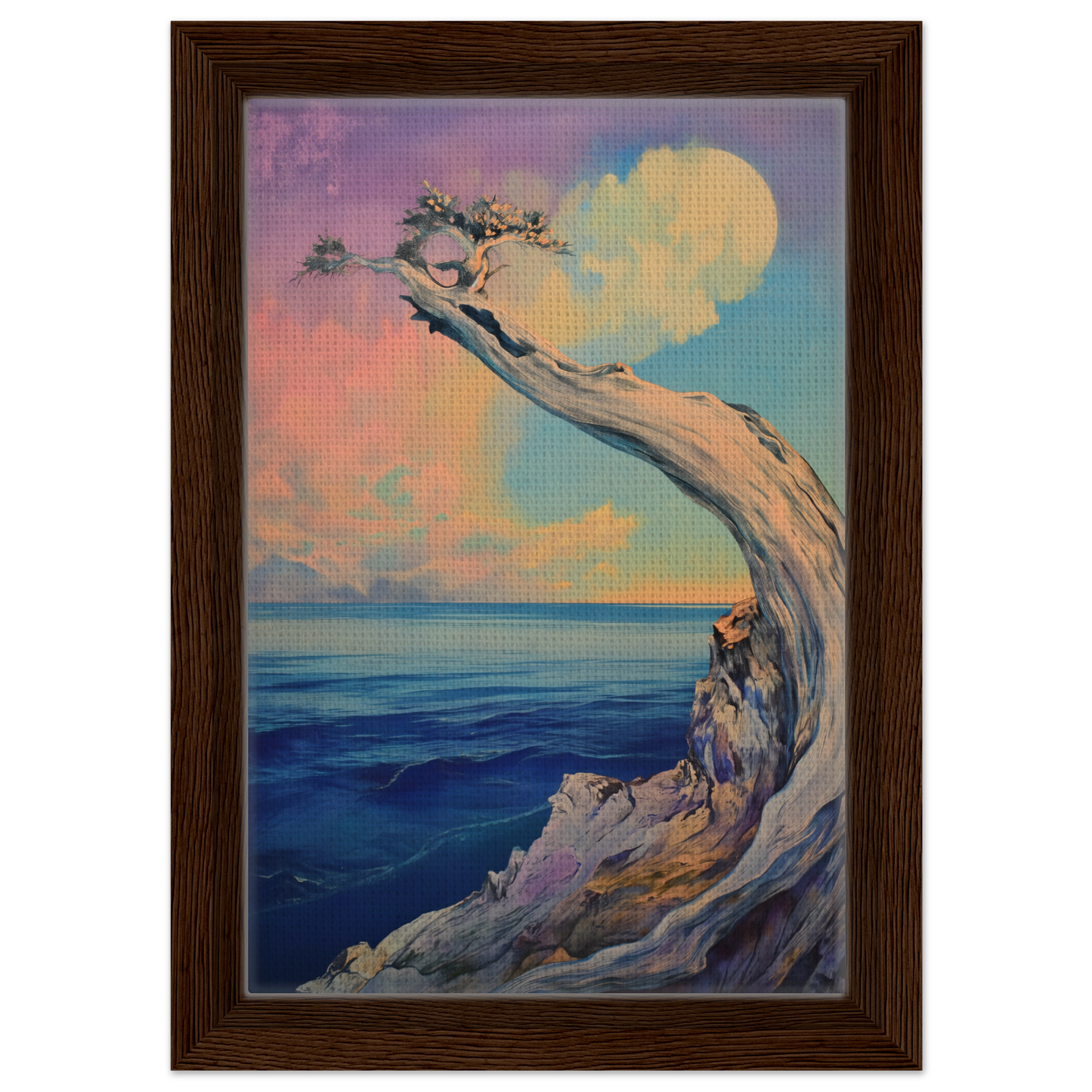 Gnarled tree silhouettes over a cliff in Oceanic Resilience Reverie framed canvas print