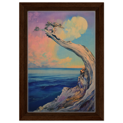 Gnarled tree silhouettes over a cliff in Oceanic Resilience Reverie framed canvas print