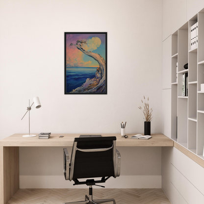 Minimalist home office workspace featuring Oceanic Resilience Reverie framed canvas print