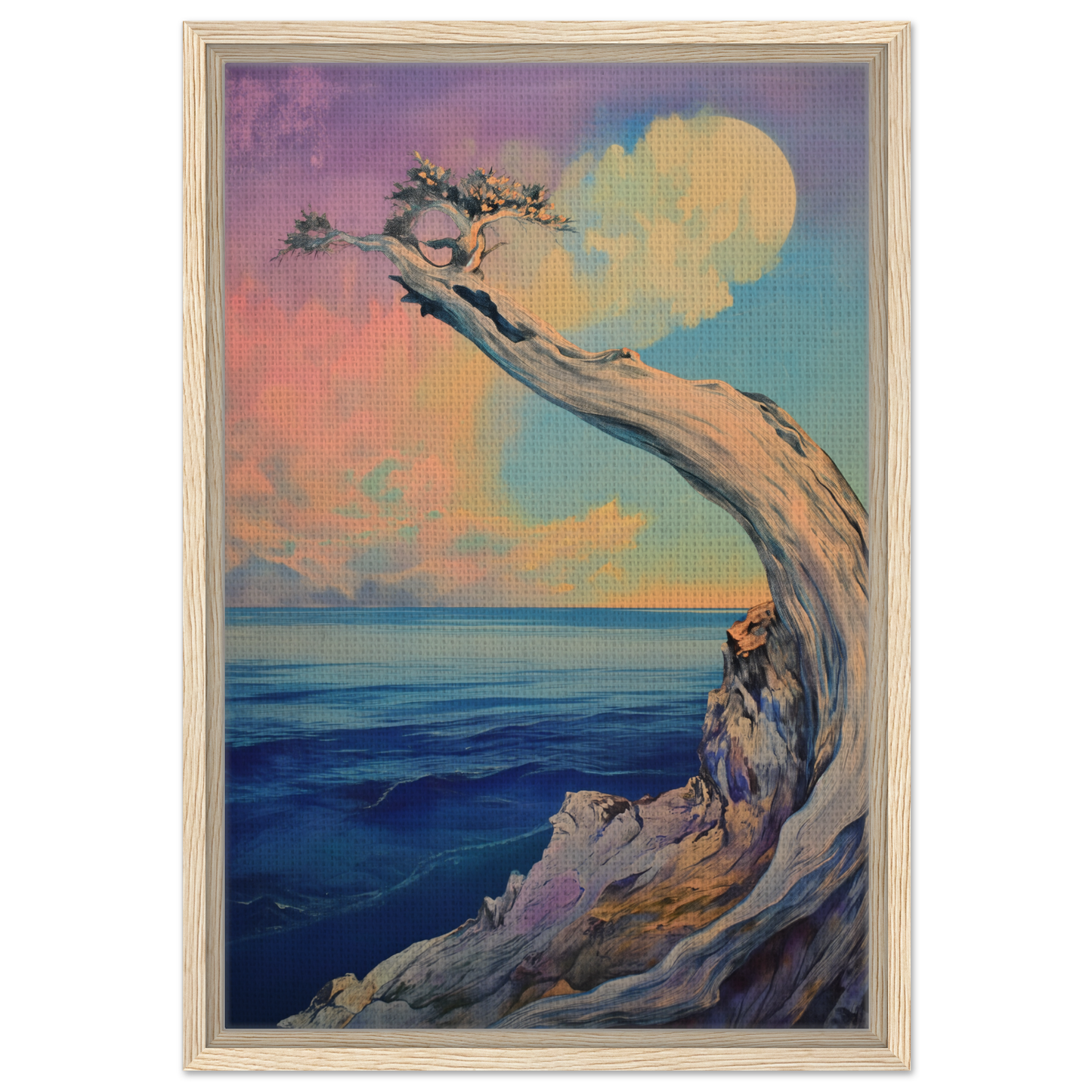 Gnarled tree growing sideways from rocky cliff over sea in Oceanic Resilience Reverie print