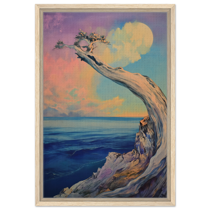 Gnarled tree growing sideways from rocky cliff over sea in Oceanic Resilience Reverie print