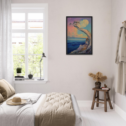 Serene bedroom featuring Oceanic Resilience Reverie artwork as trendy room decor