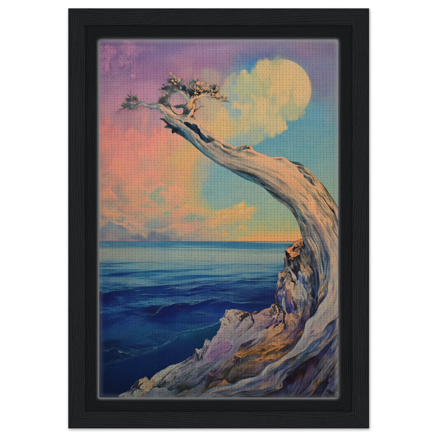 Gnarled tree over coastal cliff under full moon in Oceanic Resilience Reverie decor